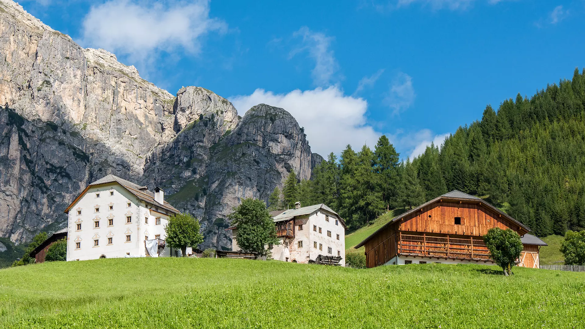 shot two wooden cabins meadow with mountains background